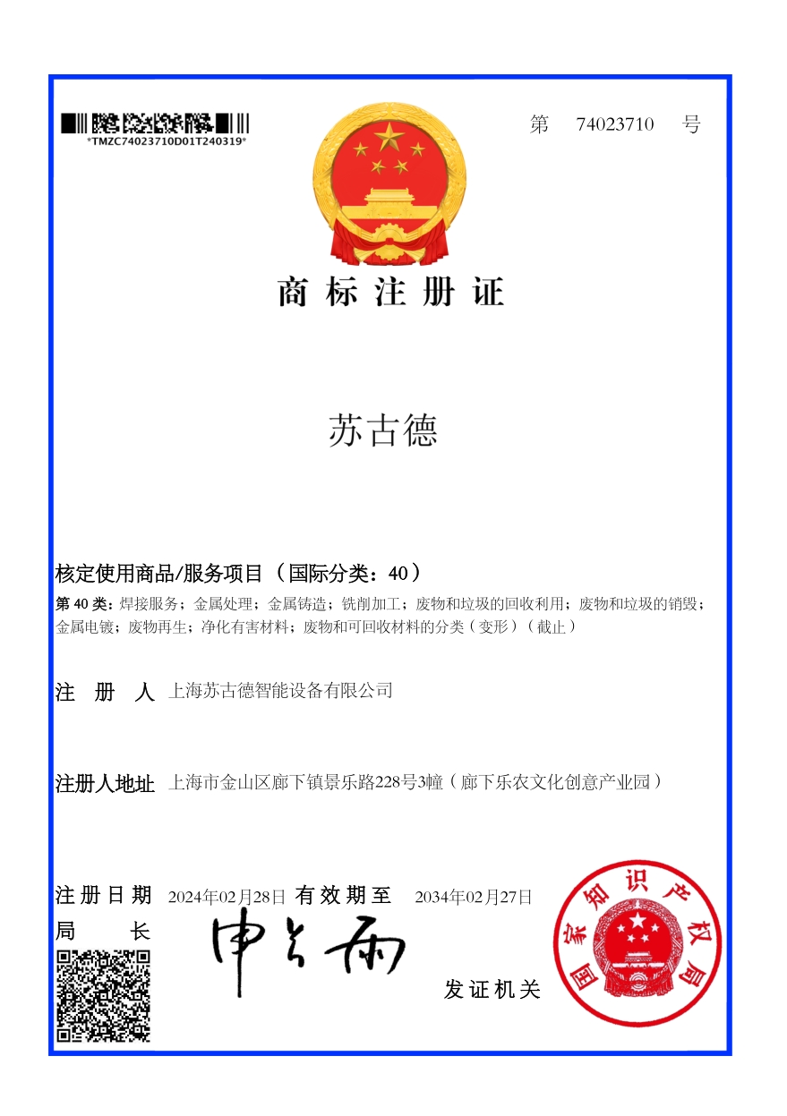 Trademark Certificate - Class 40